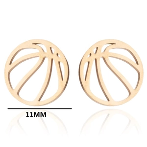 Detail of 11mm hollow origami basketball stud earrings in a polished golden finish