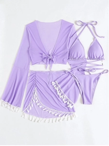 Flachbild von lila vierteiligem Bikini-Set mit Mesh-Überwurf und Fransenrock