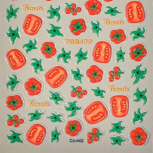 3D embossed tomato nail stickers with realistic fruit designs and glossy resin texture