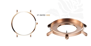 Detail view of IP coated rose gold watch case with stainless steel crown and lugs