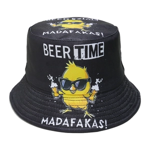 Detail of funny beer chicken print on a black cotton bucket hat with street style vibe