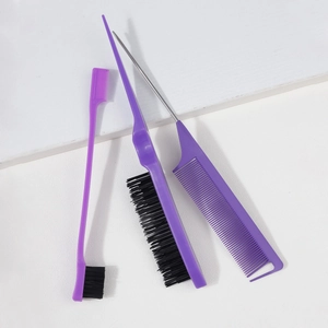 Professional 3-piece purple hair styling set with steel tail comb and nylon edge brush