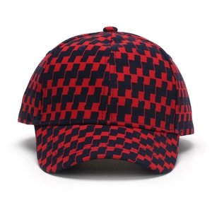 Red and black checkered baseball cap with six-panel crown and curved brim for outdoor use