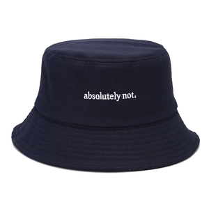 Fashionable dark blue cotton bucket hat with white 'absolutely not.' letter embroidery
