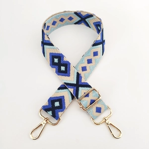 Detail of 3.8cm jacquard woven strap with blue geometric diamond patterns and gold hooks