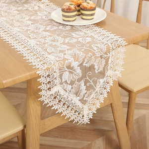 French lace table runner for dining table, elegant white floral embroidered long table cloth.
