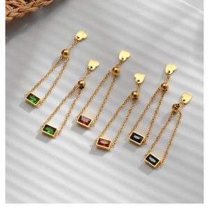 Detailed macro view of 18K gold-plated chain earrings with colorful rectangular gems