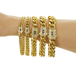 14K gold plated stainless steel Cuban link chains in various widths with zircon S clasp