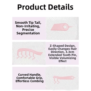 Detail view of pink Z-shaped volumizing hair comb with long teeth and curved anti-slip handle