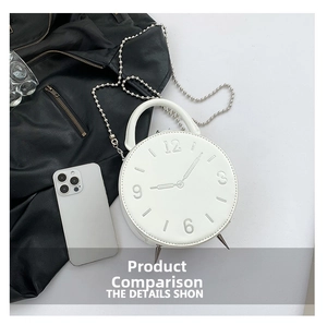 Detailed view of clock-shaped white bag with metal feet and chain strap next to a phone