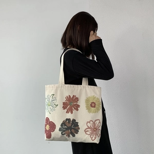 Artistic Flower Print Canvas Tote Bag Large Capacity Zipper Handbag Casual Minimalist Shoulder Bag For Women