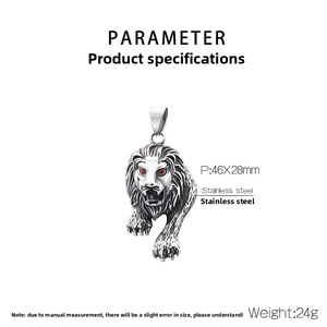 Detail view of lion head pendant in stainless steel with red eyes and 46x28mm size