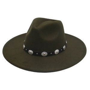 Detail of olive green wide brim fedora featuring a black leather band and embossed metal discs