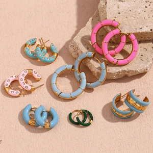 Chic 18K gold plated stainless steel enamel hoop earrings in assorted vibrant colors