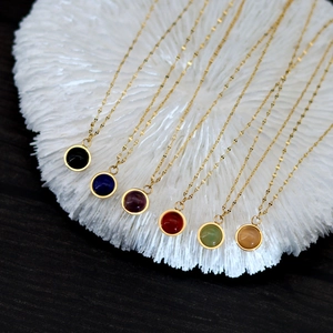 Round Stone Pendant Necklace 18K Gold Plated Stainless Steel Natural Agate Bezel Minimalist Elegant Women Jewelry