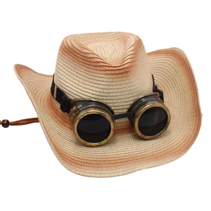 Détail du chapeau de cowboy en paille avec lunettes steampunk et dégradé marron