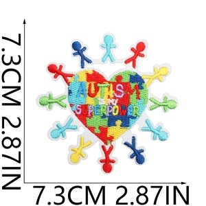 Detail of Autism Is My Superpower heart puzzle embroidery patch with dimensions