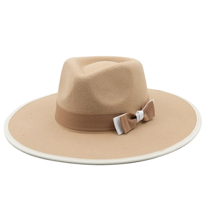 Elegant wide brim camel wool fedora with two-tone ribbon bow for autumn and winter