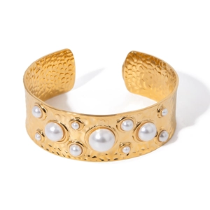 Hammered gold cuff bracelet with inlaid pearls, minimalist vintage stainless steel jewelry
