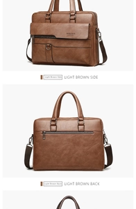 Detailed side and back views of light brown vintage leather business briefcase for men