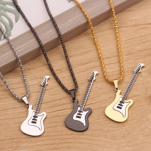Rock Electric Guitar Pendant Necklace Alloy Oil Drip Long Chain Music Lover Gift Unisex Jewelry