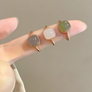 Retro Square Faux Jade Adjustable Ring Copper Vintage Chinese Style Beaded Edge Geometric Open Finger Jewelry For Women
