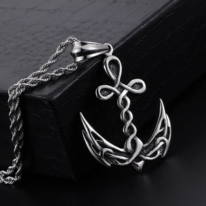 Vintage anchor pendant in silver titanium steel with twisted chain on black gift box