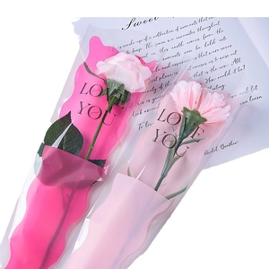 Elegant single rose and carnation in LOVE YOU frosted plastic bouquet packaging