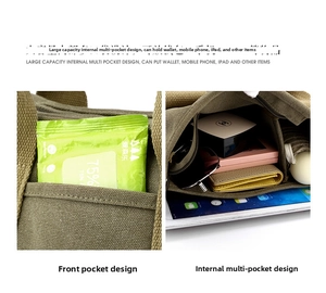 Detail view of large capacity canvas tote bag with multiple pockets for daily items