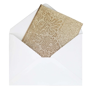 Detail of elegant white envelope with gold glitter laser cut rose wedding invitation