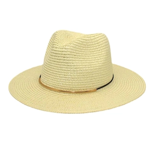 Classic beige straw fedora hat with black cord and gold metal detail for summer travel