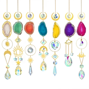 7Pcs set of crystal suncatchers with natural agate slices and prisms in gold frames