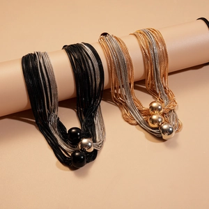 Chic multi-layer metallic chain necklace with large round beads in gold and silver finish