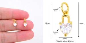 Detailed dimensions of a gold-plated copper lock pendant featuring a heart-shaped zircon