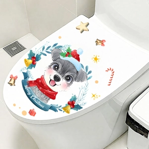 Detail of Christmas toilet sticker featuring a cartoon schnauzer with a festive red hat