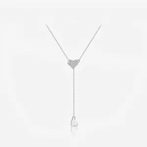 925 Sterling Silver Heart Lariat Necklace Adjustable Y Shaped Pave Cubic Zirconia Fashion Jewelry For Women Elegant