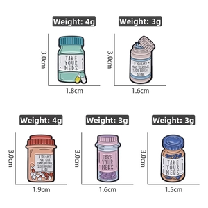 Detailed size and weight chart for colorful enamel mental health pill bottle lapel pins