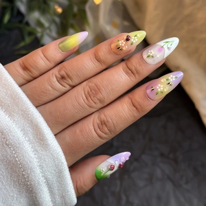 Almond fake nails with strawberry 3D flowers, ladybugs, and water droplets 24pcs set