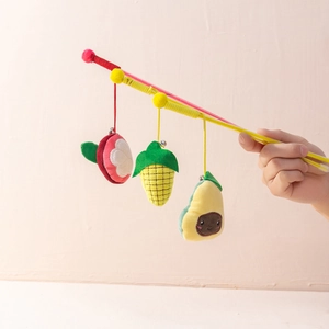 Interactive cat wand toy with soft plush watermelon, corn, and avocado fruit pendants