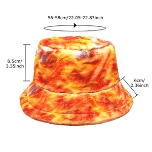 Women tie-dye plush bucket hat with dimension specs on a clean white background