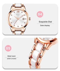Vue macro détaillée de la montre Bonarger pour femme avec affichage de la date et bracelet céramique