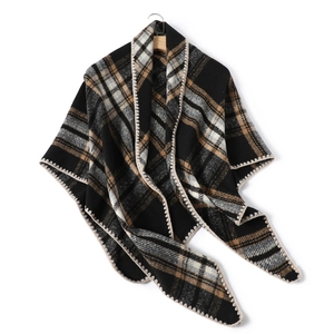 Classic black cashmere feel plaid triangle scarf with brown trim and stitching detail