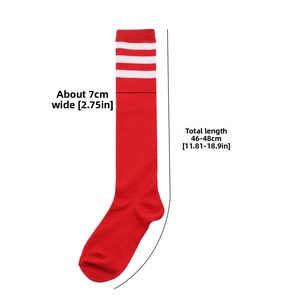 Close-up measurement diagram showing length and width of red striped knee-high socks