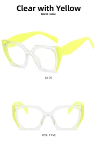 Detail of neon green and transparent cat-eye glasses frame with bold geometric splicing design