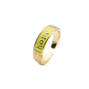 Adjustable 18k gold plated open ring featuring green enamel and HOPE letter engraving