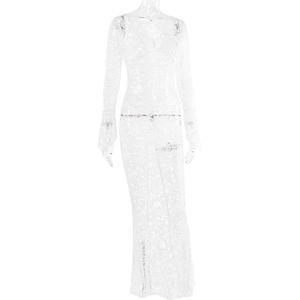 Detail of elegant white lace dress showing sheer patchwork and delicate long flared sleeves