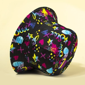 Black double-sided bucket hat with colorful graffiti heart and star letters prints