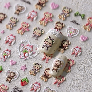 3D embossed nail stickers featuring cute lolita bears and lace hearts for nail art