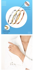 Detail of zircon-studded titanium steel bangles in silver, gold, and rose gold finishes