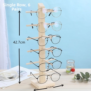 Detailed view of 6-tier pine wood eyewear display stand with height measurements